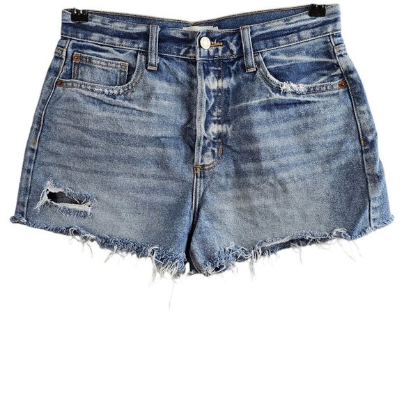 Cello Buckle Denim Distressed High Waist Frayed Blue Jean Shorts - Picture 1 of 9